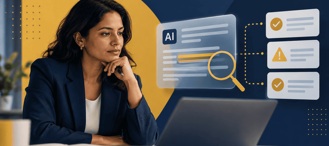 Businesswoman analyzing AI risk and compliance data on a laptop.