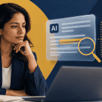 Businesswoman analyzing AI risk and compliance data on a laptop.