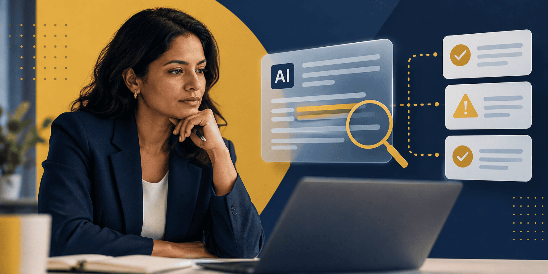 Businesswoman analyzing AI risk and compliance data on a laptop.