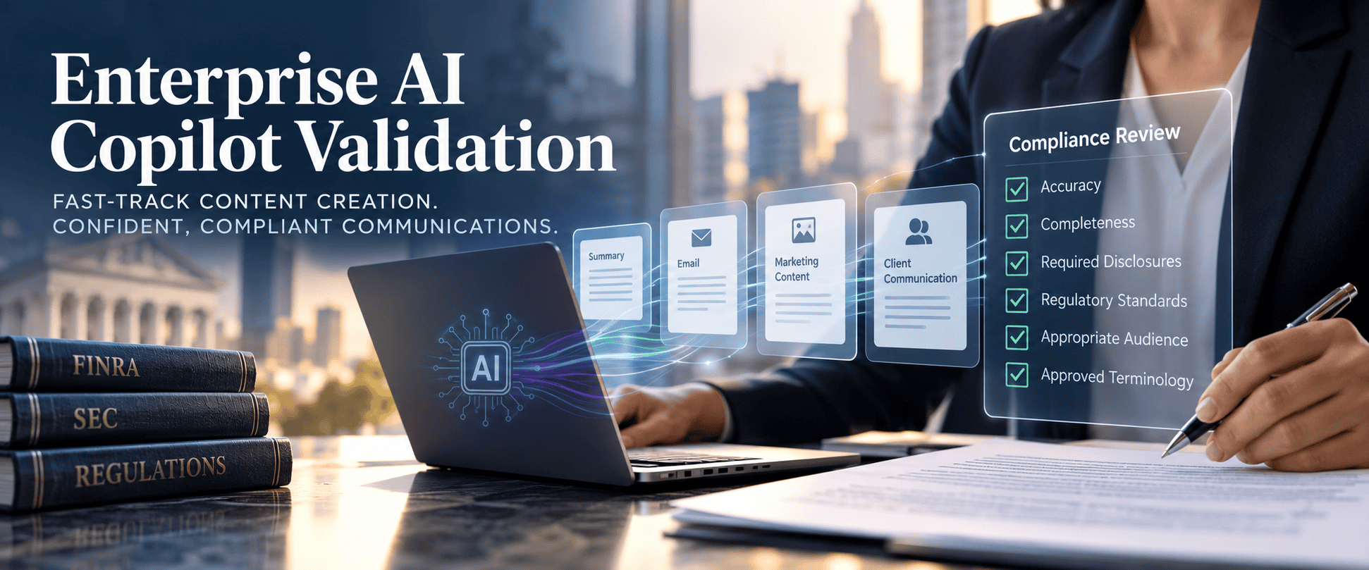 Enterprise AI Copilot Validation for compliance review and content creation.
